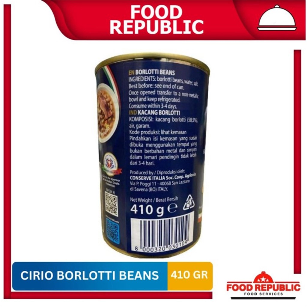 

Classica2106 Cirio Borlotti Beans 410G / Kacang Borlotti Dalam Larutan Garam Kaleng