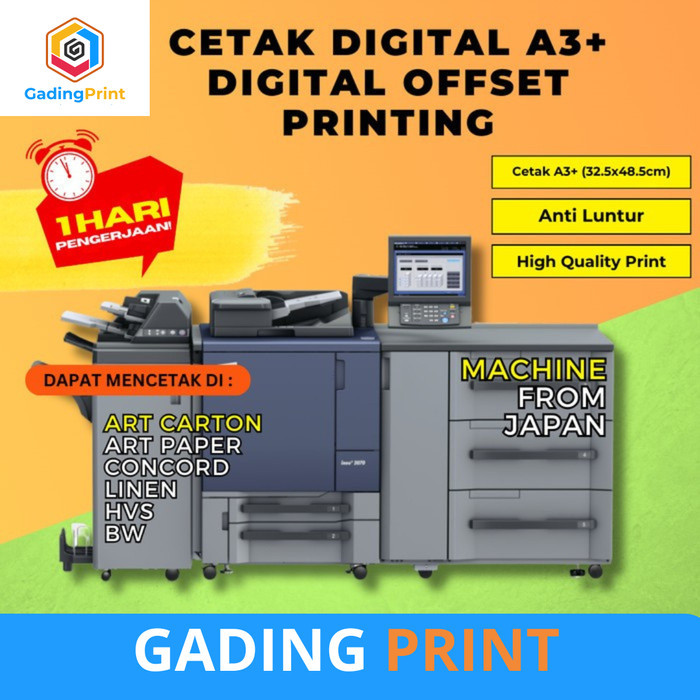 

CETAK A3+ / Print DIGITAL OFFSET PRINTING A3 + - HVS 100 GSM, 1 Sisi - Art Paper 150gr, 2 Sisi