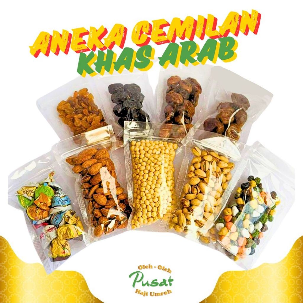 

Aneka Cemilan Jajanan Makanan Khas Arab Oleh Oleh Haji dan Umroh Kemasan Standing Pouch Hemat