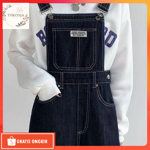 Baju Korea / [Sari]Overall Jeans Wanita Hitam / Celana Kodok Jeans Wanita /Jumpsuit Jeans Wanita