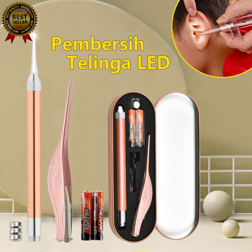 Victoky Alat Pembersih Telinga LED Lampu Senter Korek Kuping Stainless Set