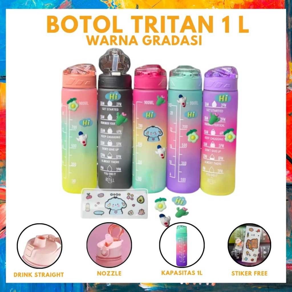 BOTOL MINUM TRITAN 1 L VIRAL GRADASI / BOTOL TRITAN RAINBOW 1 LITER SEDOTAN+STIKER WARNA RANDOM