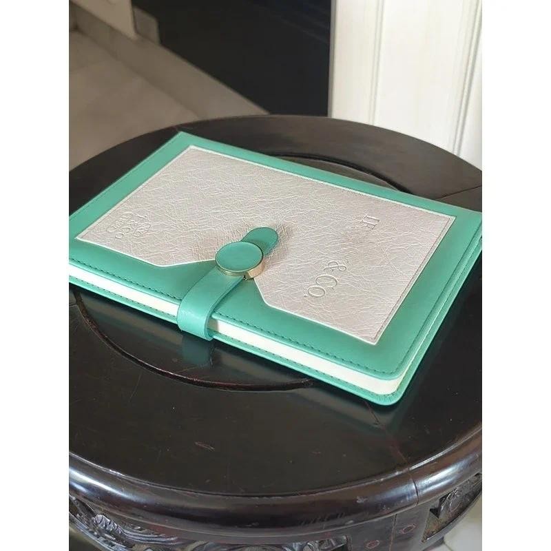 

Fashionable and classic F-buckle leather case notebook a5 simple t green and white accounting book high appearance level diary
