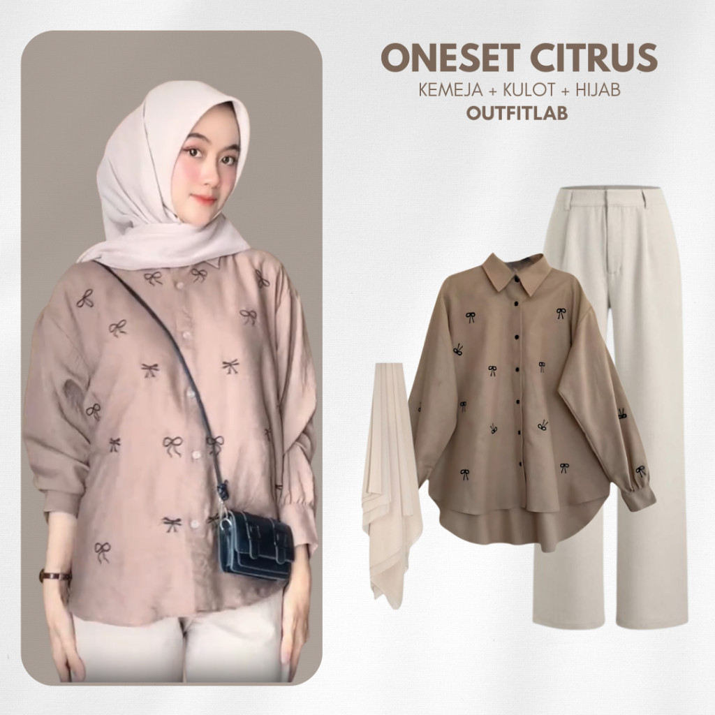 Outfit Set Citrus Setelan Hangout Korea( Kemeja + Kulot + Hijab ) One Set OOTD Hijab Remaja Kekinian