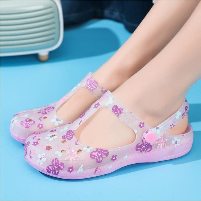 Terlaris  -VEBLEN STORE Sendal Sepatu Motif Bunga Bahan Jelly Bening Transparan Coklat Karet Pink Sa