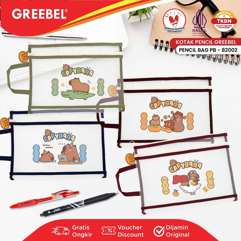 

GREEBEL Tempat Pensil Besar Sekat Capybara / Kotak Pensil (PB-82002) / Transparent Pouch Large / Zipper Bag