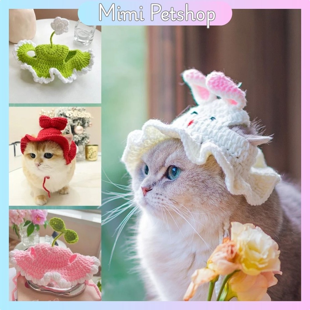 MIMI PET SHOP - Topi Kucing Anjing Rajut Pet Bucket Hat Crochet Aksesoris Hewan Topi Bando Baju Kuci