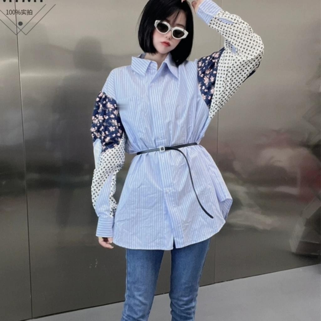 YR 3M KEMEJA 2460 TANPA BELT TM THREE M FLORENA PATCHWORK SHIRT ATASAN WANITA PREMIUM ANGGUN