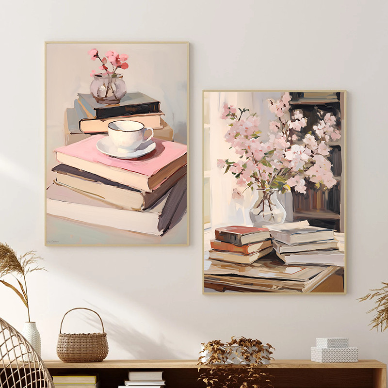 

Vintage Book Enthusiasts Flower Fruit Bookpile Landscape Aesthetics Poster Print Canvas Painting Wall Art Home Living Room Decor
