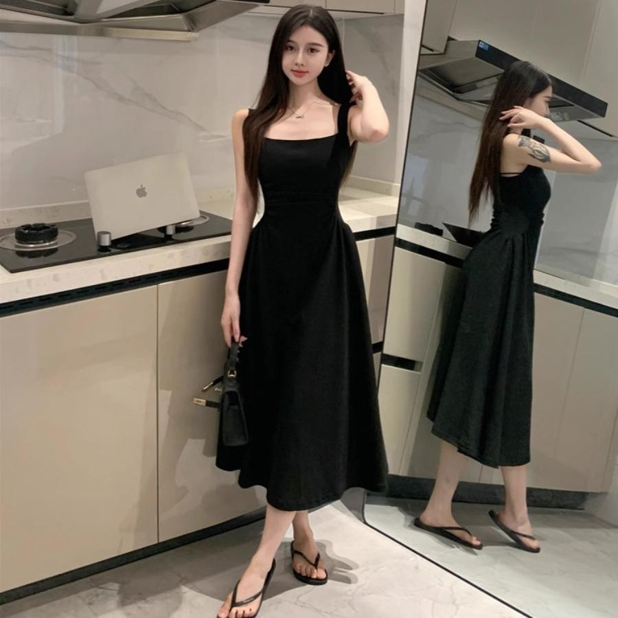 dress panjang polos kondangan simple elegan korean style wanita kekinian long black dress hitam eleg