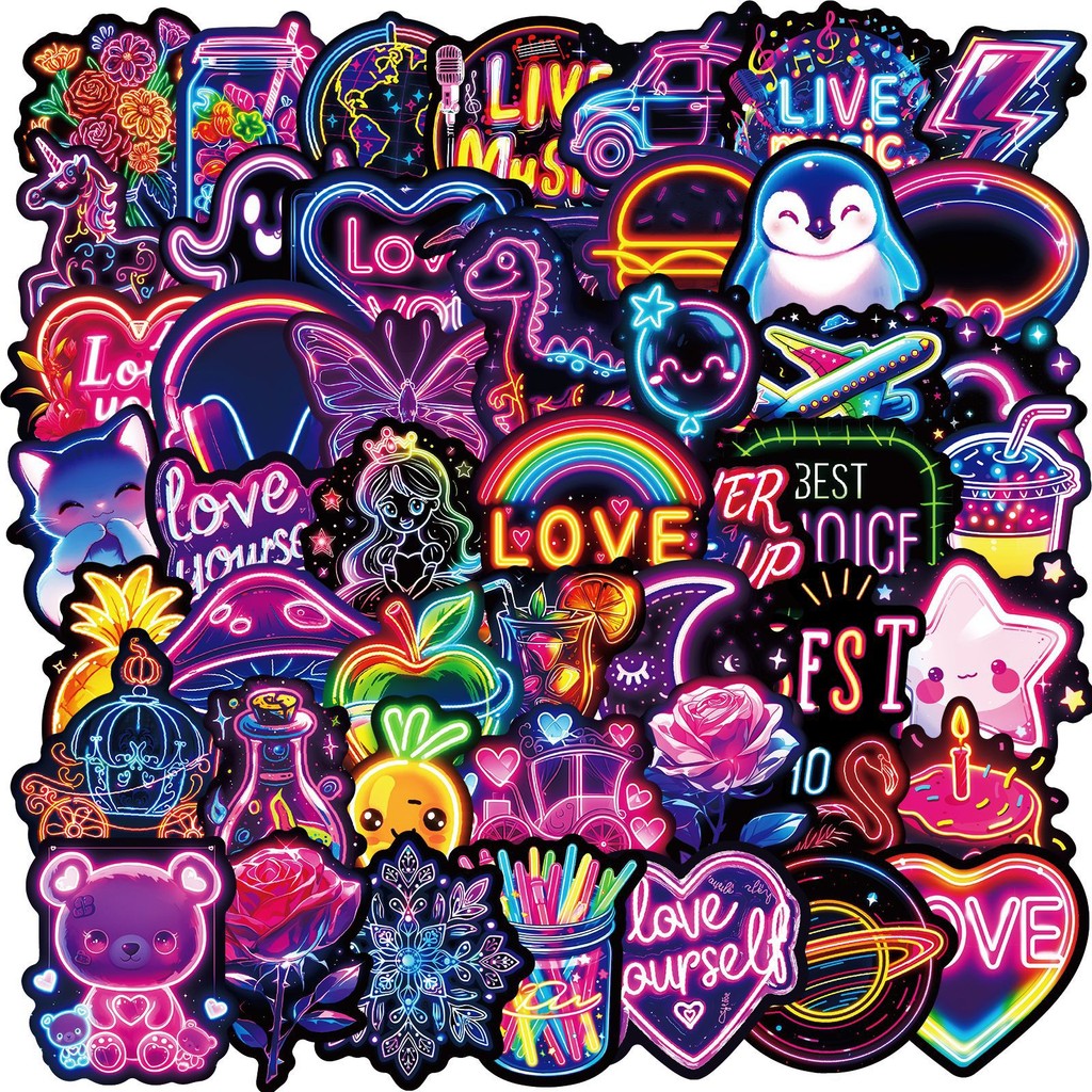

10/30/50PCS Kawaii Neon Lamp Sticky PVC Sticker Phone Aesthetic DIY Decoration Scrapbooking Hand Accounting Supplies for Kids