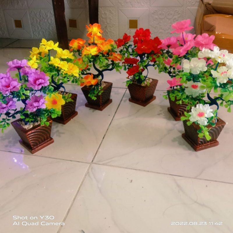 BUNGA PLASTIK + POT DAN BATU // ORNAMEN POT KAYU TANAMAN PAJANGAN ARTIFICIAL DEKORASI SUDUT RUANGAN/