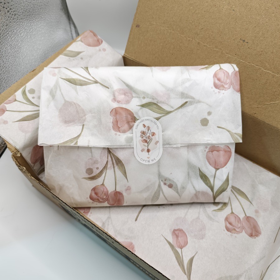 

Elegant Tulip Patterned Tissue Paper Floral Design with Green Leaves For Gift Wrapping Wine Bottle Box Filling and Decorating