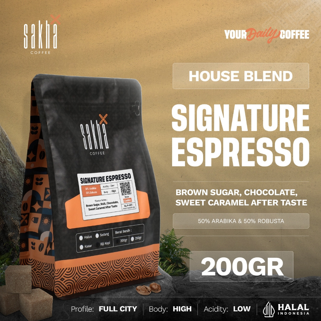 

Biji Kopi Bubuk Signature Espresso House Blend 50% Arabika 50% Robusta Coffee Beans Coffe Bean 200gr