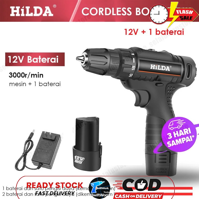 HILDA 12V Alat Listrik Mesin Bor/Obeng baterai impact drill cordless charger beton kayu besi elektri