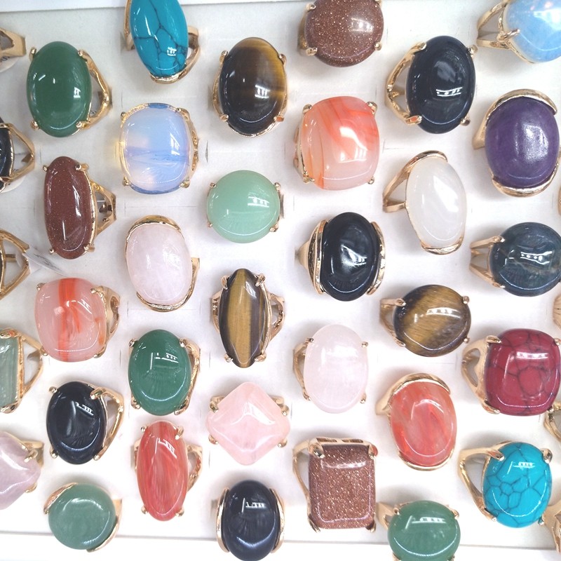 50pcs/Lot Big Semi-precious Stone Rings Gold Color Base Natural Stone Rings