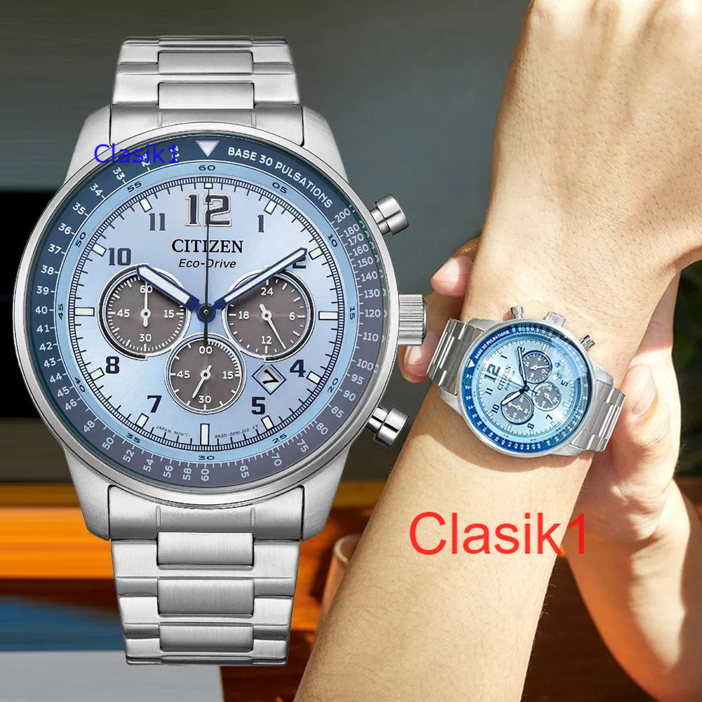 Original 100% Jam Tangan Pria Citizen C4500-83M Eco-Drive Chronograph Blue Dial Stainless Steel Gara