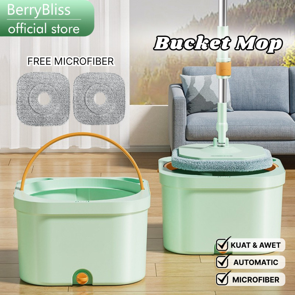 BerryBliss - Alat Pel Putar Mop Bulat Spin Mop Bulat Kotak - Alat pel Pembersih Lantai Spin Mop  Emb