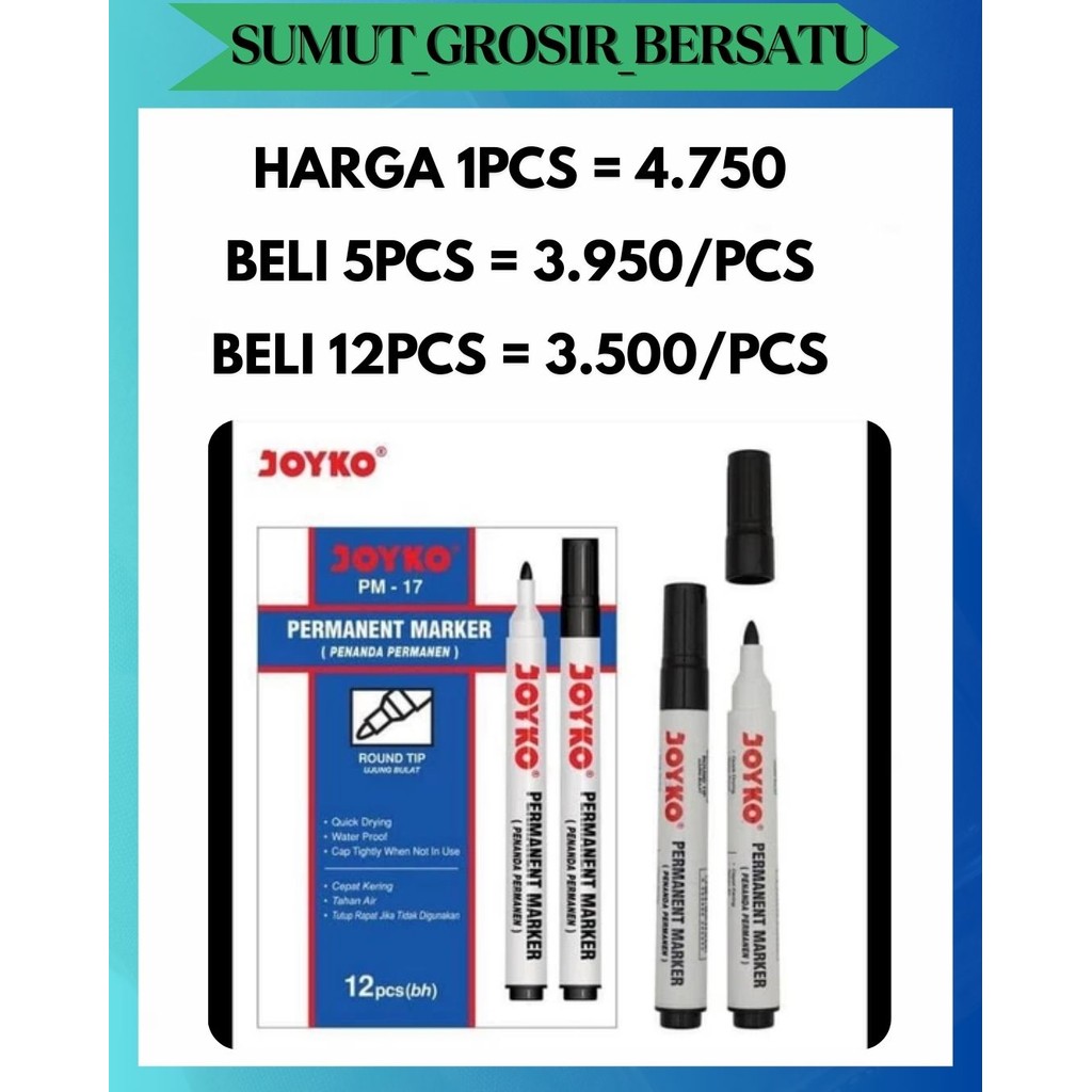 

SGB SPIDOL PERMANET JOYKO PM-17 PM17 HITAM PERMANENT MARKER ROUND TIP PATEN KALI