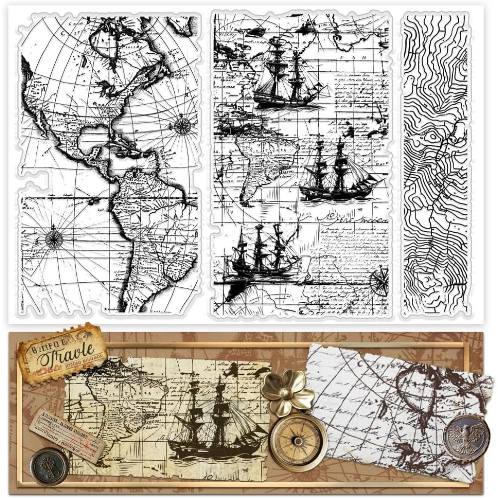 

1pc Map Clear Stamp Vintage Global Map Silicone Rubber Stamp Sailboat Clear Stamps Transparent Craft Stamp for Journals