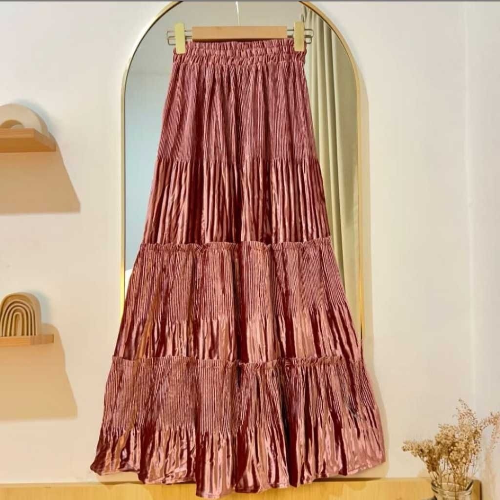 Rok Plisket Beludru Susun Import  Premium  / Rok  Skirt Ruffle Velvet  Susun 3  Tngkat Wanita Panjan