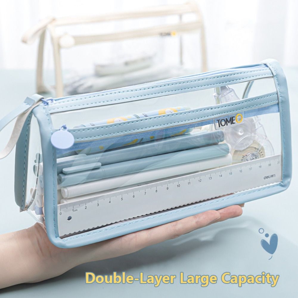 

Double-Layer Large Capacity Pen Bag Student Transparent Waterproof Stationery Bag Portable Pencil Case Stationery Organizer
