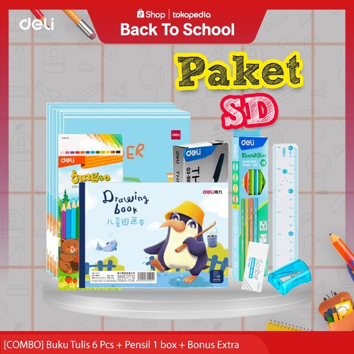 

[BTS Back To School] PAKET SD SEKOLAH DASAR Buku tulis/pulpen/Pensil Set/Penggaris/buku gambar/pensil warna/Stationery - Paket 1