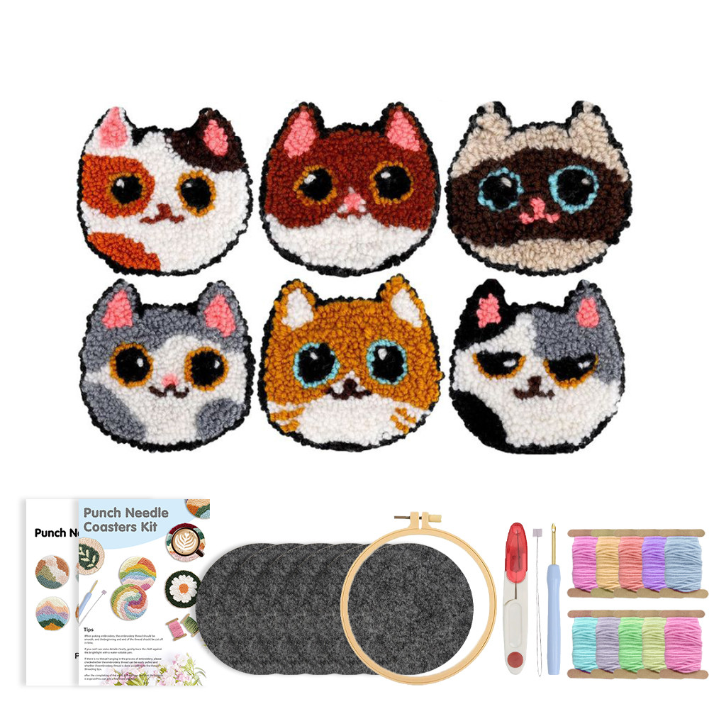 

GATYZTORY Cat Magic Needle For Embroidery Kit Punch Needle Coaster Set Beginner Skill Embroidery Cross Stitch Kit Wool DIY Craft