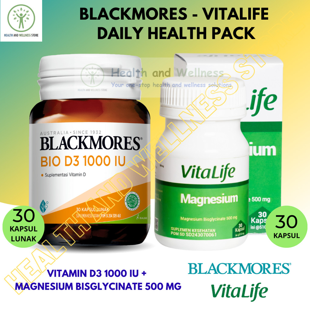 Blackmores Bio D3 1000 IU Kapsul Lunak dan Vitalife Magnesium Bisglycinate 500 Mg Kapsul Paket