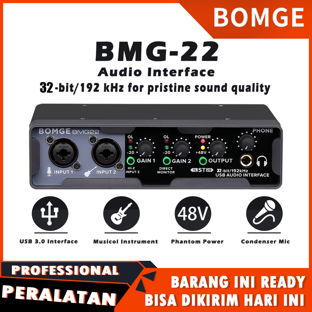 BOMGE BMG-22 Audio interface Soundcard recording USB interface (32 bit/192 kHz) dengan XLR, daya han