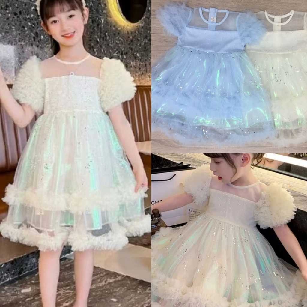 Dress anak import putih laser hologram sequin lengan balon mewah impor