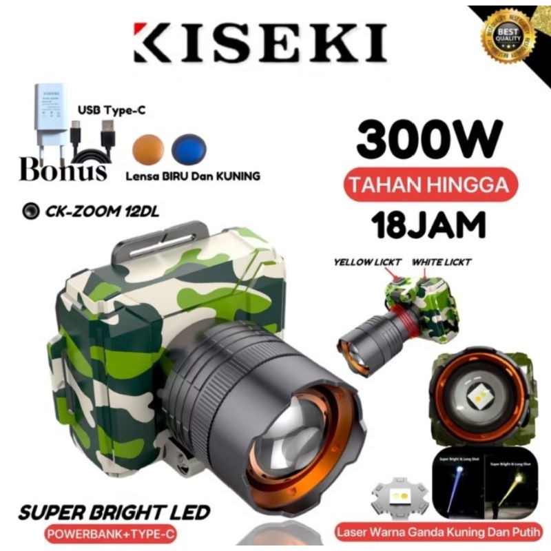 Kiseki Senter Zoom Dual Cahaya Putih Kuning 300 Watt Super Bright Led CK-ZOOM 12DL Baterai 7800mAh