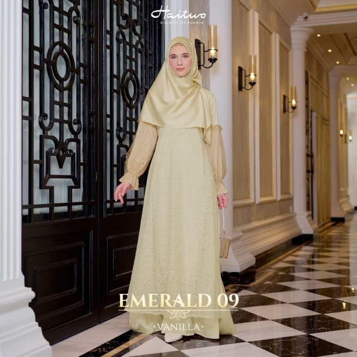 Haitwo Gamis Emerald 009 Vanilla Black Baby Blue Satin Brokat Tulle Gamis Kondangan Ibu Ibu