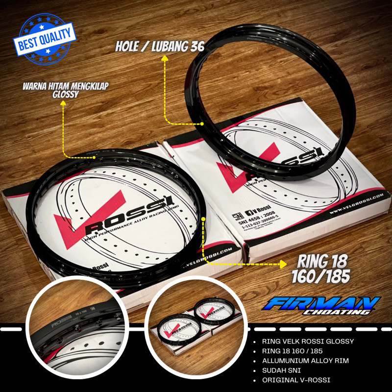 RING VELK RIM VELG V ROSSI 18x160 18x185 HITAM GLOSSY 36 Hole (Sepasang)