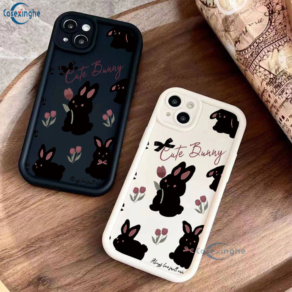 Casing hp iPhone 11 15 13 12 14 Pro Max XR iPhone 7 Plus 8 6 6S XS Max Cute Six Black Rabbit TPU Sof