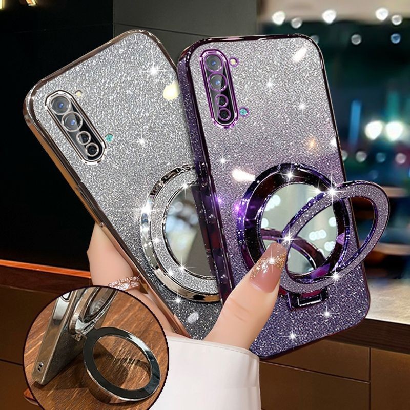 For Realme 6i 5 5i 5s 5 Pro XT P3 Ultra case casing with Makeup Mirror Holder Stand Luxury Shiny Gra