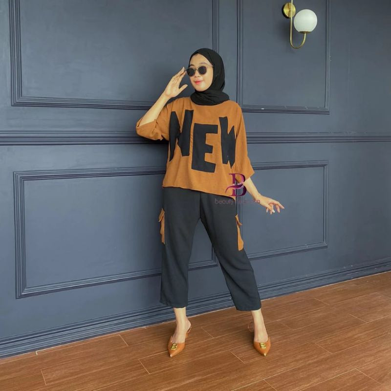 PREKTUS - ZFC SETELAN HIJAB FRIENDLY WANITA LEYA / ONE SET CARGO / Set Atasan Motif Lengan 3/4+Celan