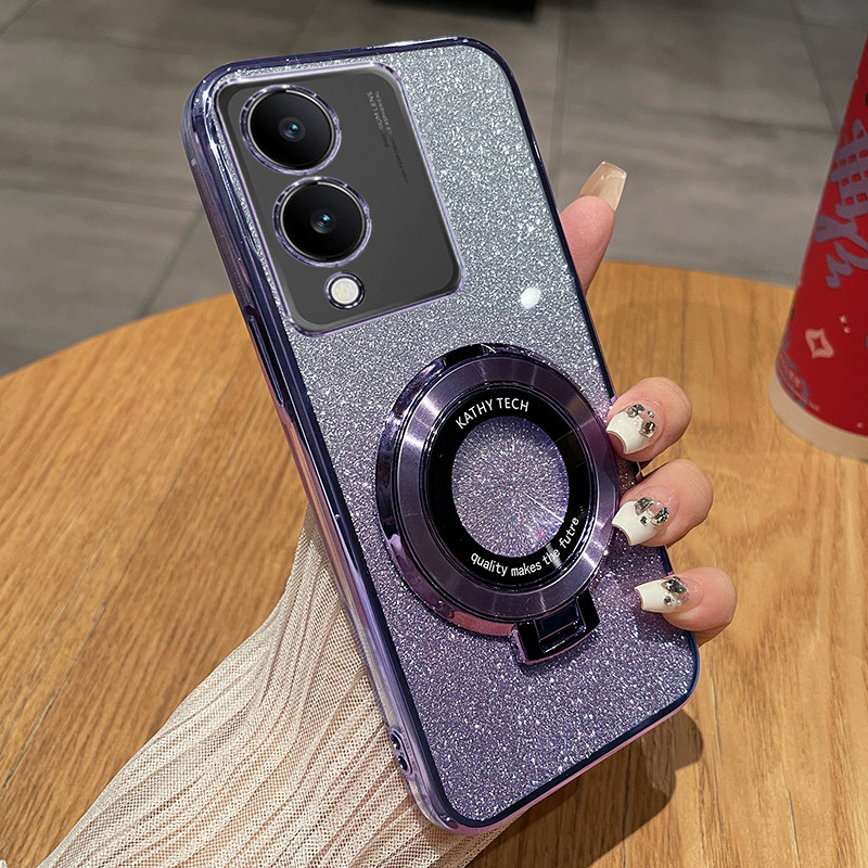 Phone casing Vivo Y17s Y27s Y16 cover Transparent Shiny Gradient Plating Glitter Slim MagSafe Ring S