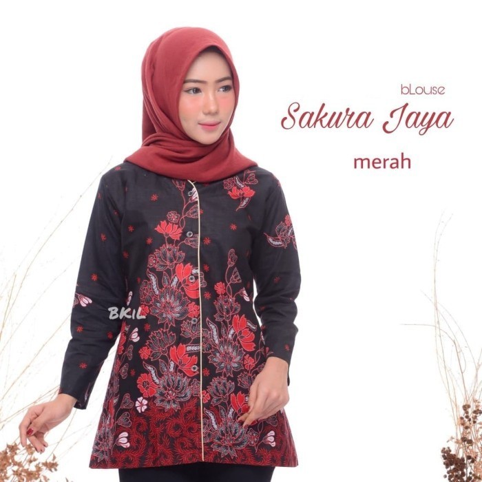 BAJU BLOUSE BATIK WANITA KATUN BAJU KERJA - Merah, M