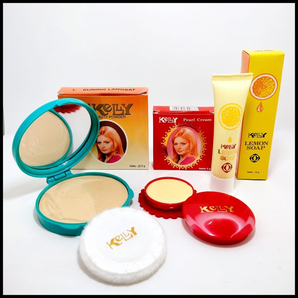 Paket 3 in 1 Kelly - Pearl Cream 5gr - Bedak Compact Beauty- Lemon Soap 15gr Original BPOM