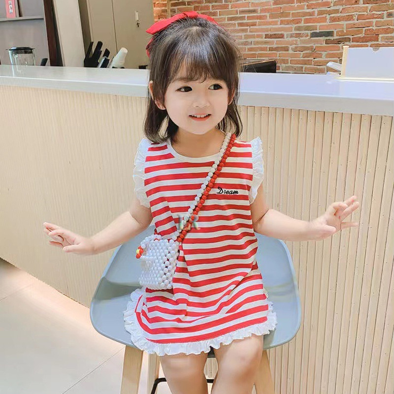 BI Dress Casual untuk Anak Perempuan Dengan Renda Ruffle Tanpa Lengan Mini Dress Motif Garis Garis M