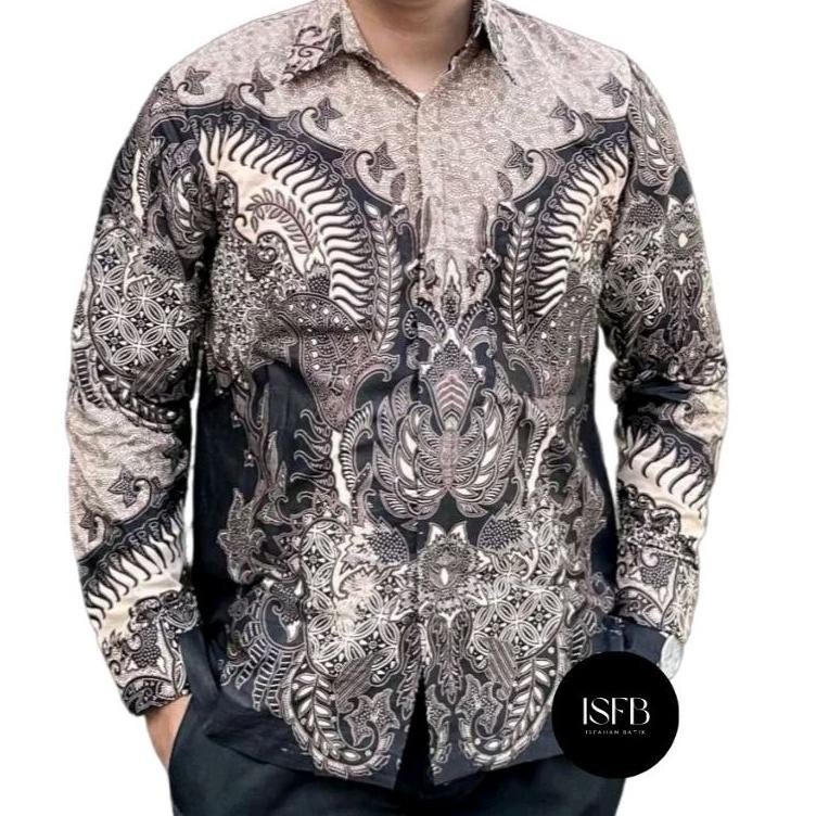 Kemeja Batik Pria Hitam Abu Abu Lengan Panjang Formal Premium