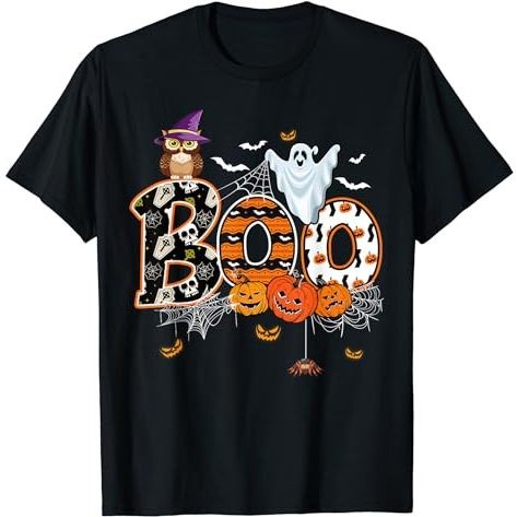 Baju Kaos Dewasa Boo Creepy Owl Pumpkin Ghost Funny Halloween Costume T-Shirt