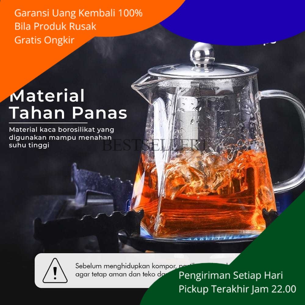 BS Teko Teh Kaca Dengan Saringan Tahan Panas Dingin Api Bening Cantik Kettle Tekko Estetik Murah