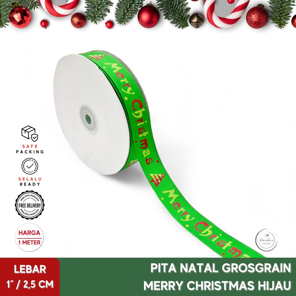 

Hiasan Pita Ribbon Natal Grosgrain Merry Christmas Hijau 2,5 cm Harga Per Meter