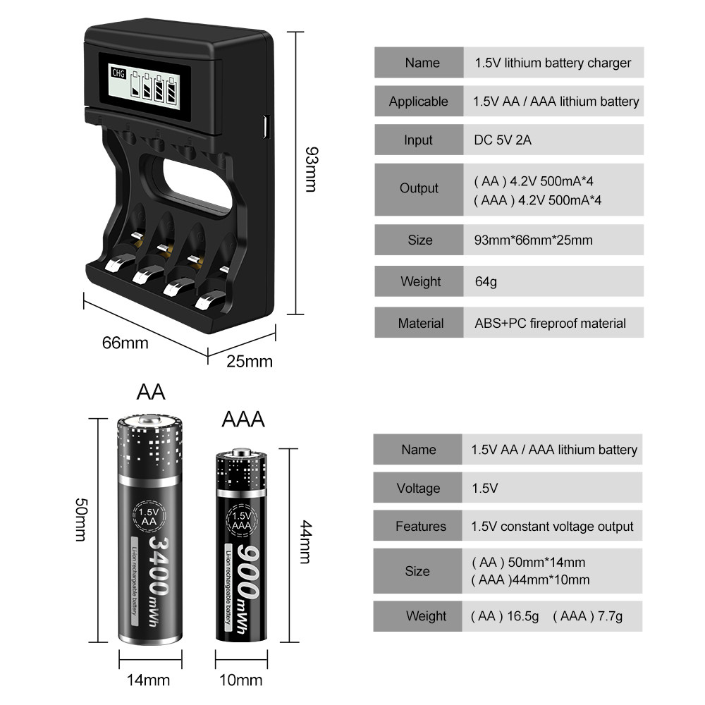 1.5V AA Li-ion AA Rechargeable Battery AA + AAA 1.5V Lithium Li-ion AAA Rechargeable Battery for Cam