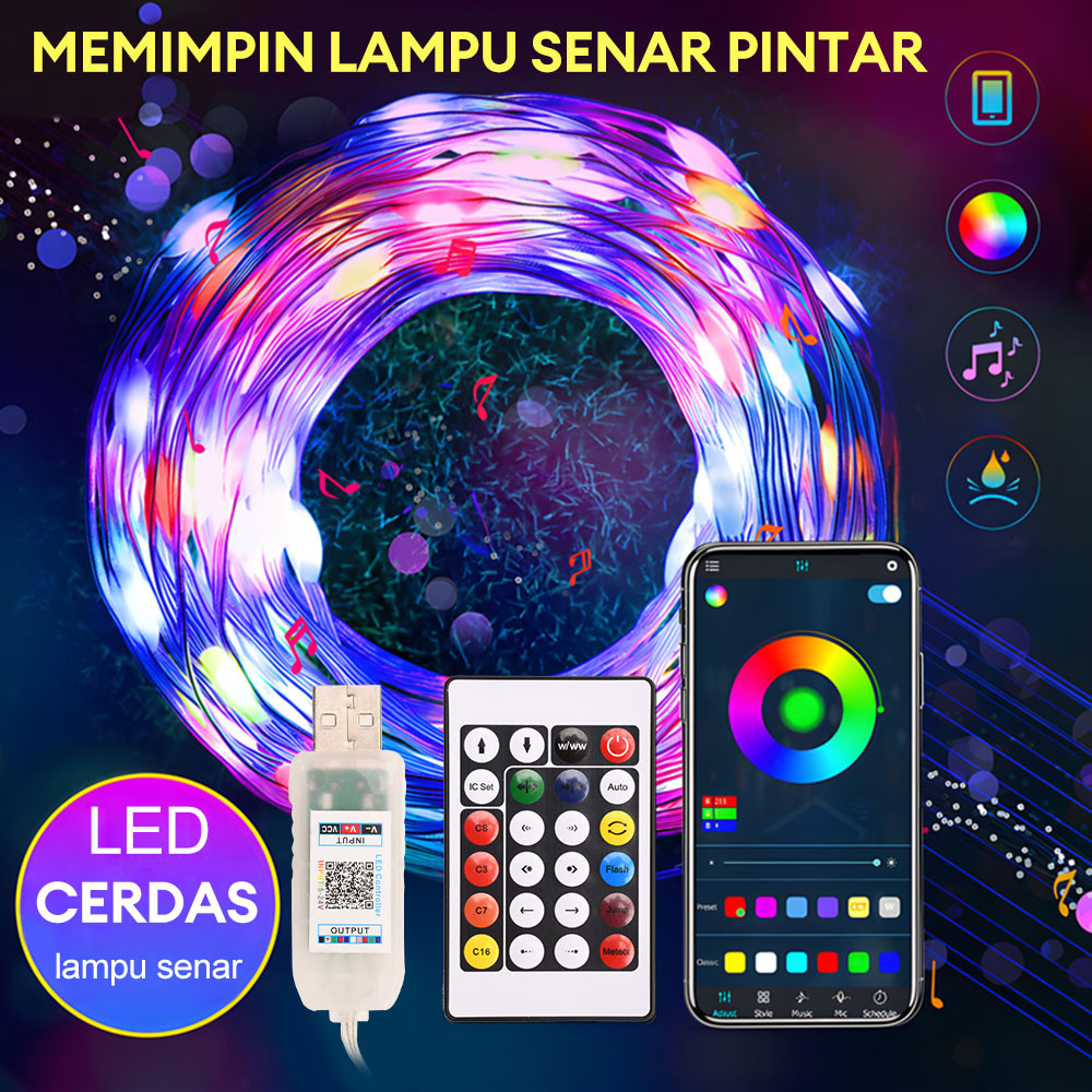 Smart LED Fairy Strip Light Running Kontrol Suara Lampu Tali 10M Sensor Music Bluetooth Remote RGB A