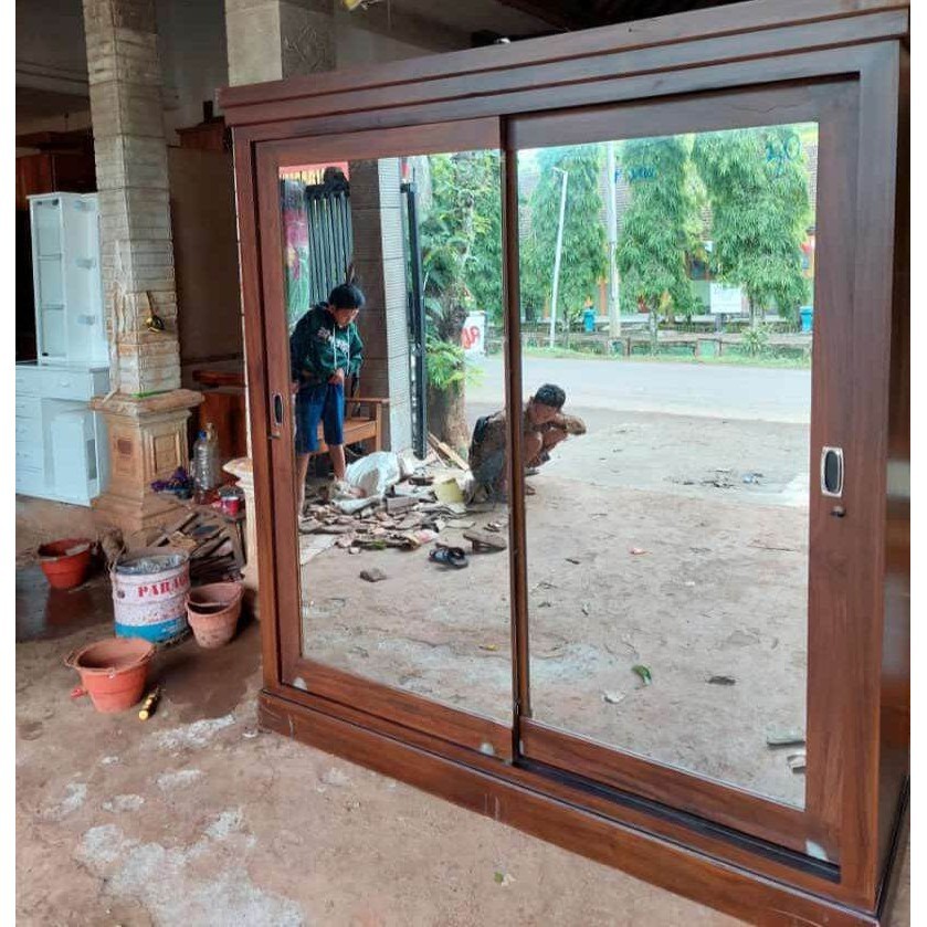 lemari pakaian 2 pintu sliding jumbo / lemari baju 2 pintu geser kayu jati