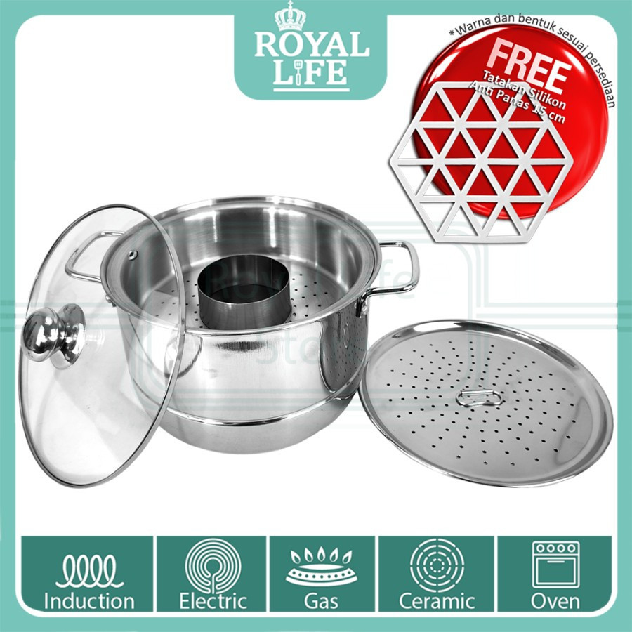 Royal Life Stainless Panci Kukus Dandang 24 cm dengan Kukusan Bakso (Panci Bakso Mini)