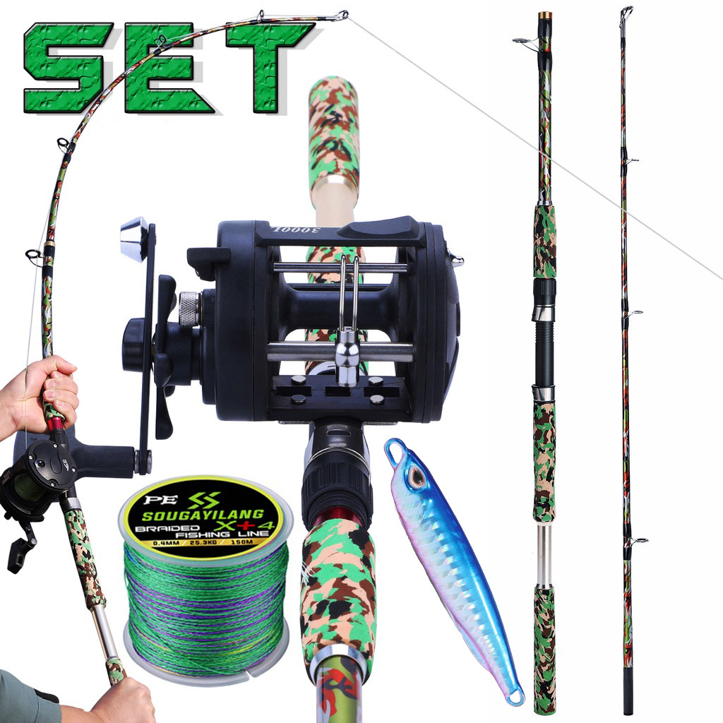 Terlaris Set Pancing Trolling Reel 3.8:1 Gear Ratio Max Drag 25kg Joran Pancing Boat Fishing Rod 2 B